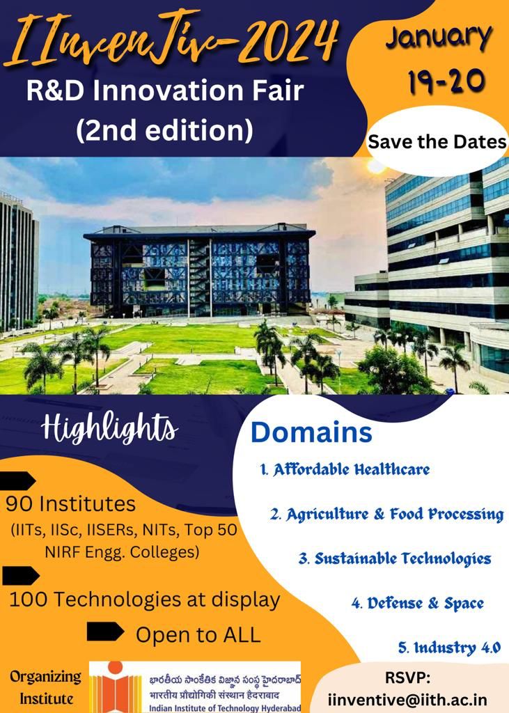 The wait is over! IInvenTiv-2024, the 2nd Edition of R&D Innovation Fair is here. Mark your calendar! #IInvenTive2024 #IIITRanchi #IITHyderabad