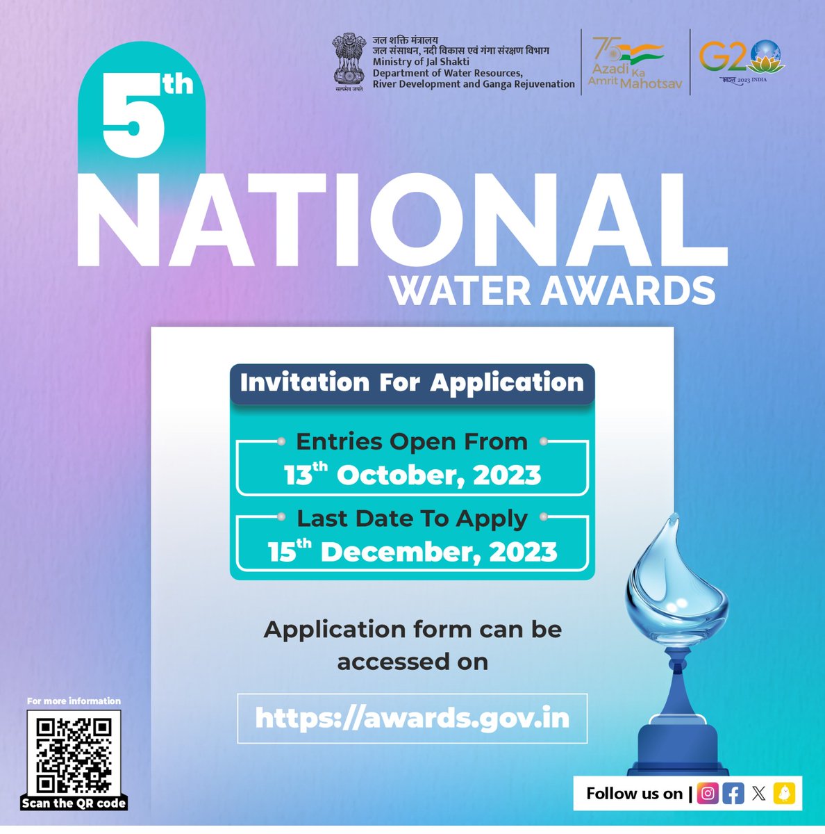 Calling all #water #champions! The @MoJSDoWRRDGR is here with the 5th #NationalWaterAwards. Don't miss your chance to shine. Register early, be contributor of #waterconservation & be recognized on a national stage.
#WaterChampions #RegisterNow #JalShakti #WaterAwards2023 #NWA2023