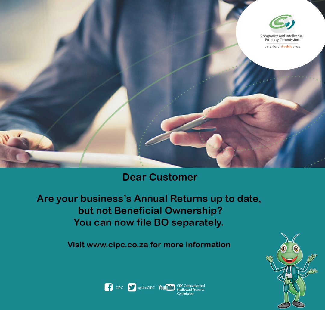 theCIPC's tweet photo. Dear Customer
Your annual returns are up to date but not your Beneficial Ownership. You can now file your BO on https://t.co/SMeqyeVS8e select Transact.
#cipc #BOFiling #ARFiling #yourbusinessourfocus https://t.co/e9DIazJhRB