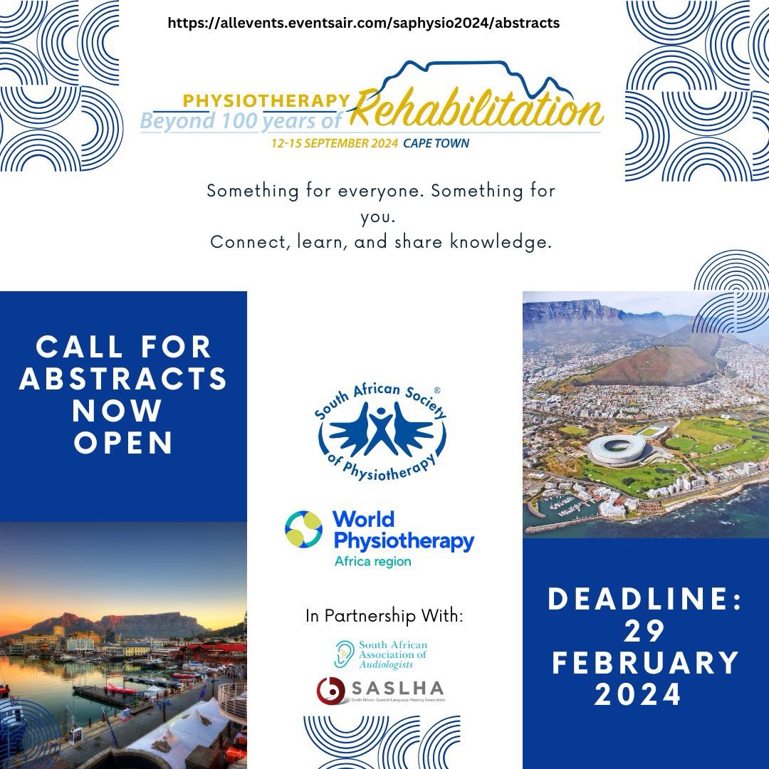 Abstract submissions are now LIVE for the Congress 2024! 🎉 

Join us at the World Physiotherapy Africa Regions Congress 2024, hosted by SASP in collaboration with SASLHA and SAAA.
For details and submissions, visit our congress website: allevents.eventsair.com/saphysio2024/a… #RehabCongress2024