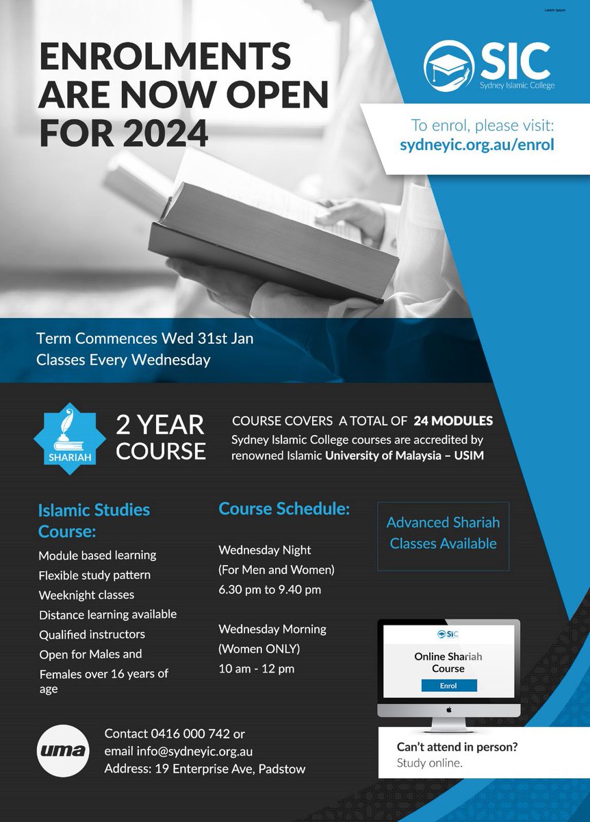 📚 SIC Shariah Course

2024 Enrolments are NOW OPEN.

ℹ️ Subjects:
✅ Islamic Creed
✅ Fiqh and Usool
✅ Sunnah and Quran its Sciences 
✅ Ethics
✅ Seerah

TOTAL OF 24 MODULES

ℹ️ Term commences 31st of Jan 2024

✍️ Register at: sydneyic.org.au/enrol
For info: 0416 000 742