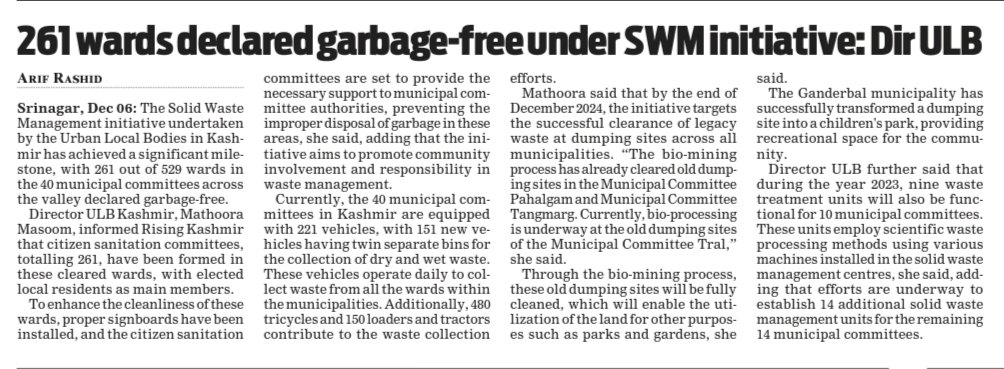 Arifrashid0's tweet image. 261 #wards declared #garbage-#free under #SWM initiative: #DirULB

@DULBKASHMIR @diprjk @OfficeOfLGJandK

risingkashmir.com/261-wards-decl…