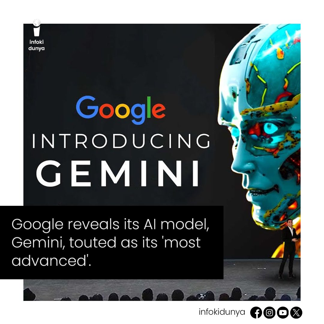 infokedunya's tweet image. Google reveals its AI model, Gemini, touted as its most advanced&apos;.
For more: infokidunya.com

#AIInnovation #GeminiModel #TechAdvancement #AlphabetAI
#FutureTech #ArtificialIntelligence #CuttingEdgeTech #GoogleGemini #TechBreakthrough #AIProgress #TechNews #GeminiUltra