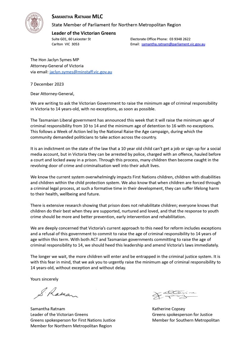 Tasmania has committed to #RaiseTheAge of criminal responsibility to 14 with no exceptions.

If Tasmania can take this important step, Victoria can too.

We've written to our Attorney-General urging Labor to act 👇🏽