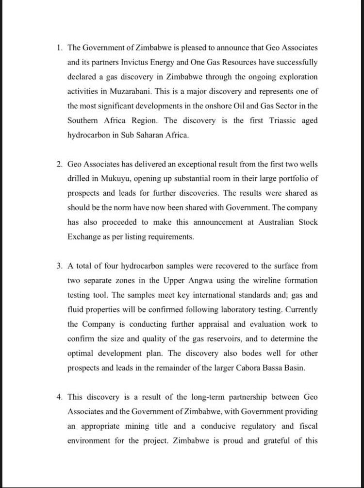 nickmangwana's tweet photo. GAS DISCOVERY DECLARED 
“The Government of Zimbabwe is pleased to announce that Geo Associates and its partners Invictus Energy and One Gas Resources have successfully declared a gas discovery in Zimbabwe through the ongoing exploration activities in Muzarabani. This is a major discovery and represents one of the most significant developments in the onshore Oil and Gas Sector in the Southern Africa Region. The discovery is the first Triassic aged hydrocarbon in Sub Saharan Africa.”