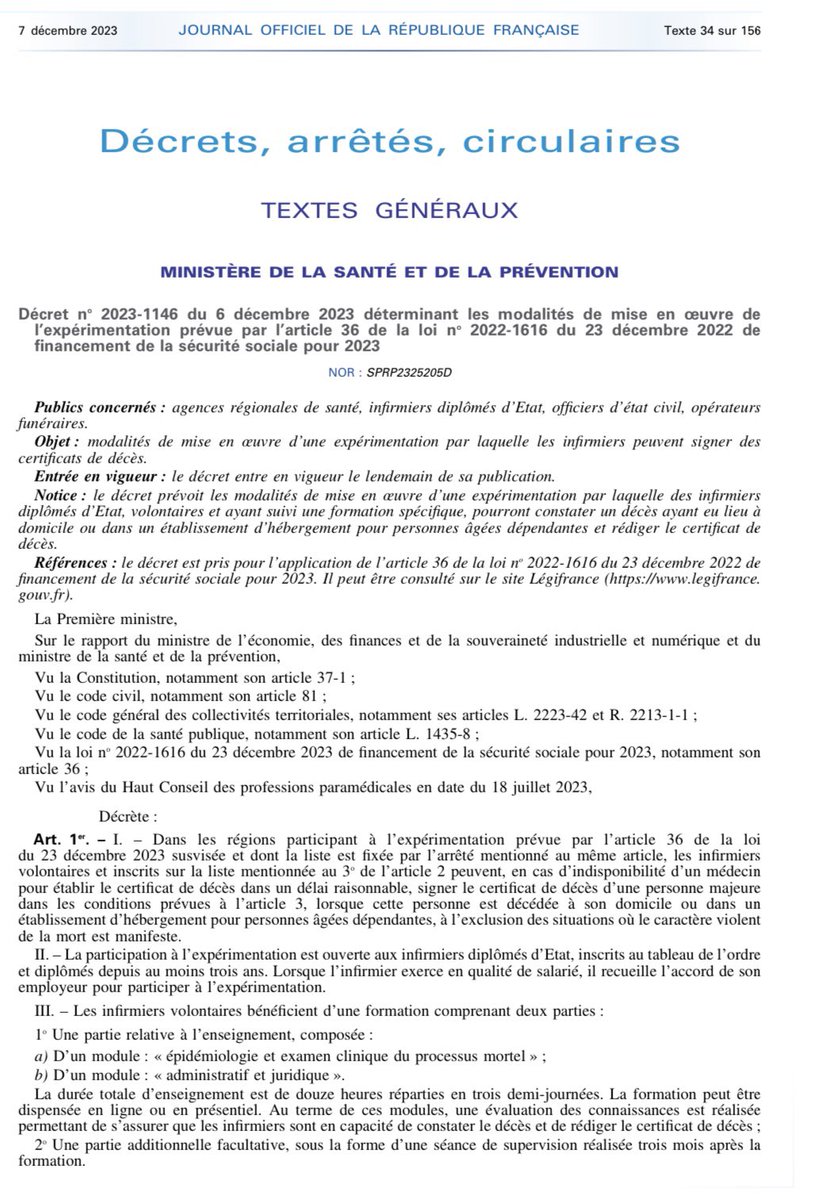 PatrickHertgen's tweet photo. Décret n° 2023-1146 du 6 décembre 2023 déterminant les modalités de mise en œuvre d'une expérimentation par laquelle les infirmiers peuvent signer des certificats de décès.

(Article 36 de la loi de financement de la sécurité sociale pour 2023).

https://t.co/v7KT249yoo https://t.co/0TJM3Nj5yj