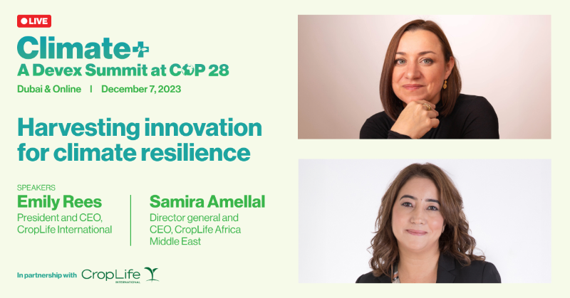 devex's tweet photo. 🔴 LIVE: Join this discussion on harvesting innovation for climate resilience with @emilyrees_eu, CEO of @CropLifeIntl, and Samira Amellal, CEO of @CropLifeAME.

Watch now ›› https://t.co/j15MScZ45c 

#DevexEvent #ClimatePlus @ #COP28 #LivablePlanet  with @CropLifeIntl