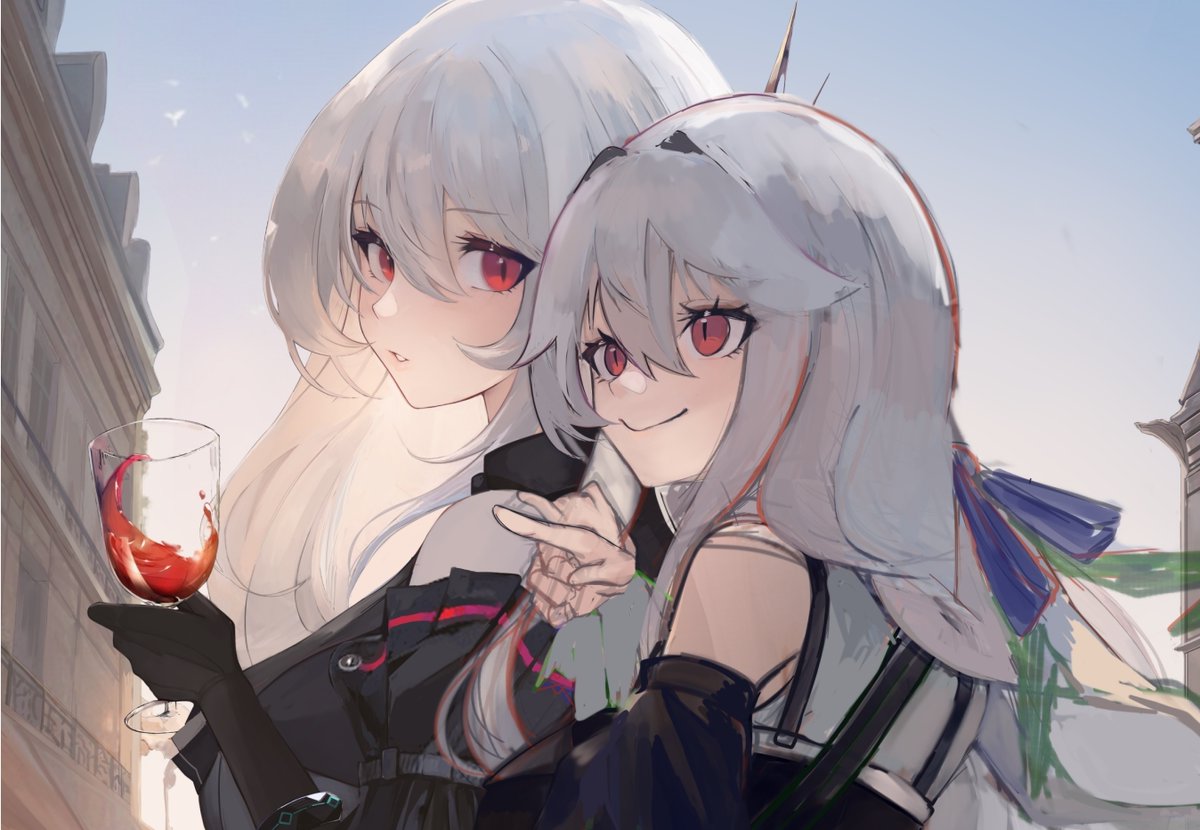 skadi (arknights) ,specter (arknights) multiple girls red eyes 2girls cup wine glass drinking glass holding cup  illustration images