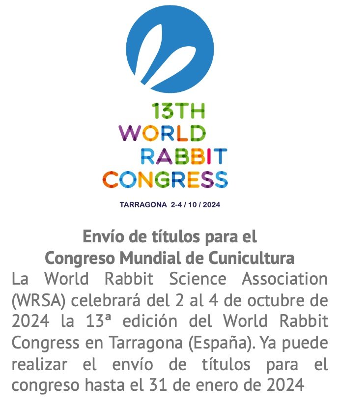 Asescu's tweet photo. 📢Envío títulos para el Congreso Mundial de Cunicultura
Toda la información en⤵
https://t.co/3tJUudyekE
#wrsa #worldrabbitcongress @irtacat https://t.co/XsDhuIFMq9