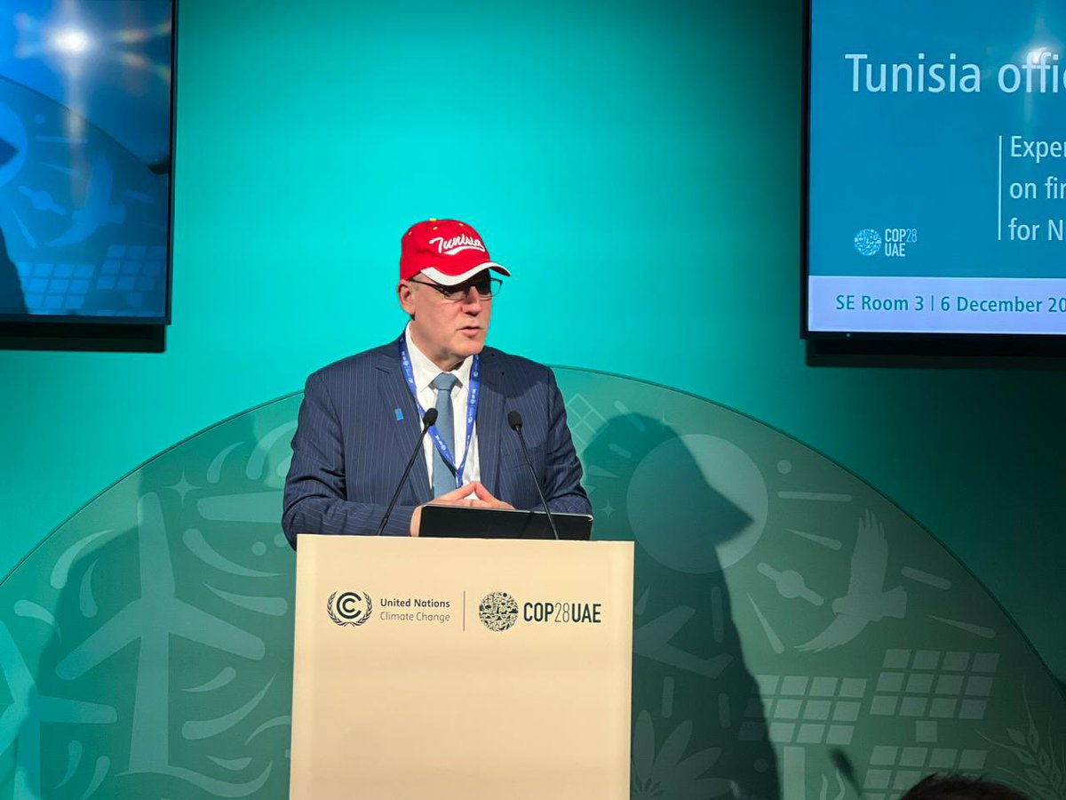 AbdallahAldard1's tweet photo. Was honoured to be invited to the #Tunisia’s official event where I shared insights about water shortages facing Tunisa, climate finance instruments at #COP28 &amp; the important role of international financial institutions to accelerate climate finance mobilization #FutureIsPossible https://t.co/cgnmte2IBb