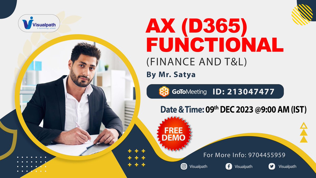 VisualpathPro's tweet image. Join Now: bit.ly/46SqyIN
Attend Online Free Demo on  Ax (D365) Functional Finance(T&amp;amp;L) by Mr. Satya on 9th DEC @ 09:00 AM IST
Call: +91 9704455959.
Visit: visualpath.in/ms-dynamics-op…
#axfunctional #D365 #axfunctionald365 #TradeTools #finance #functional #Dynamics365 #Demo