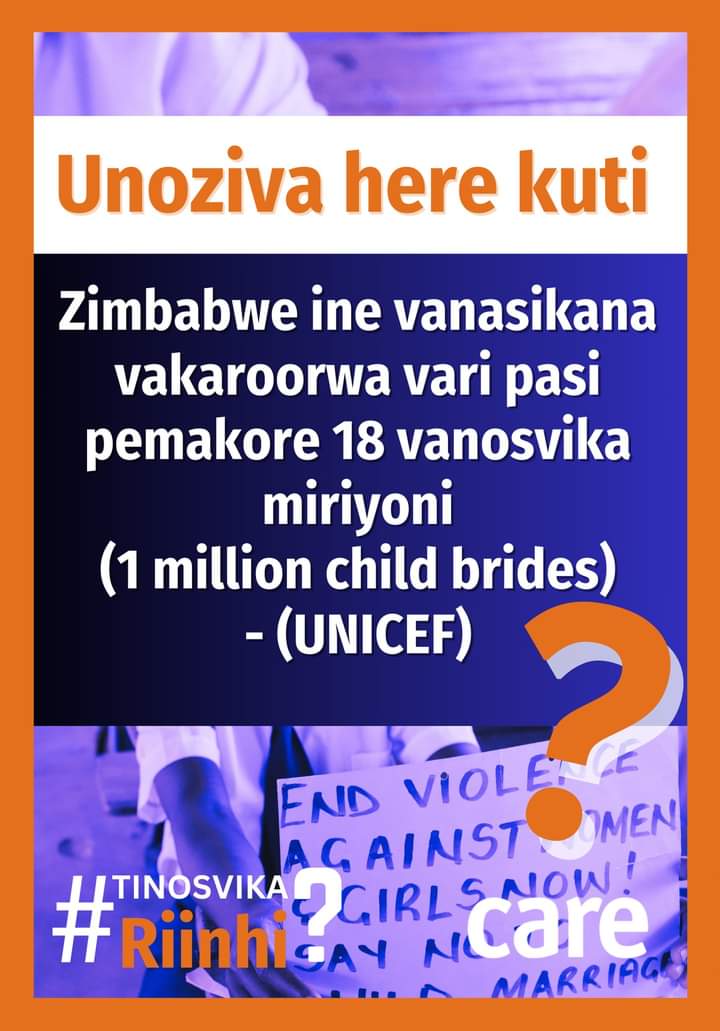 #16DaysOfActivismAgainstGenderBasedViolence
#Day13

Unoziva here kuti Zimbabwe ine vanasikana vakaroorwa vari pasi pemakore 18 vanosvika miriyoni (1 million child brides)? #tinosvikariini