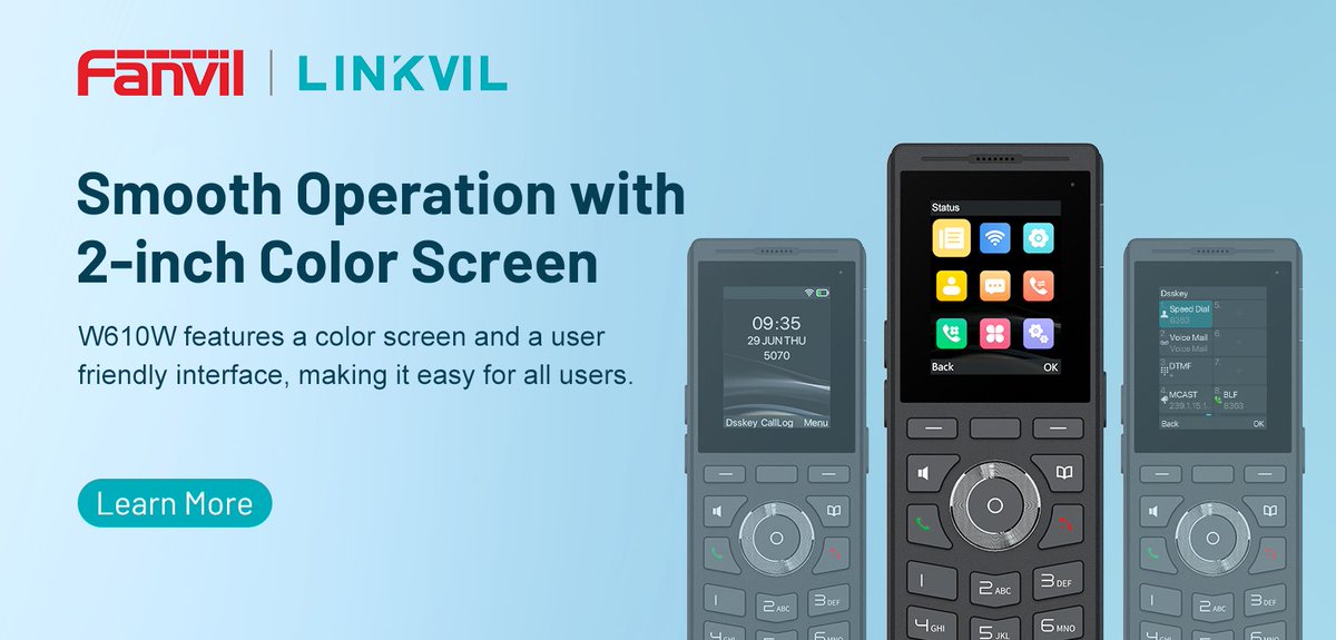 FanvilOfficial's tweet photo. #Fanvil #LINKVIL #W610W #2inch #ColorScreen #FriendlyUI #SIP

✨#LINKVIL #W610W is equipped with a ❇ 2-inch color screen, featuring an intuitive UI. 🙌The keypad offers a comfortable tactile experience, ensuring easy and convenient operation. https://t.co/webfFYfLOq https://t.co/sGhUXHwj1d
