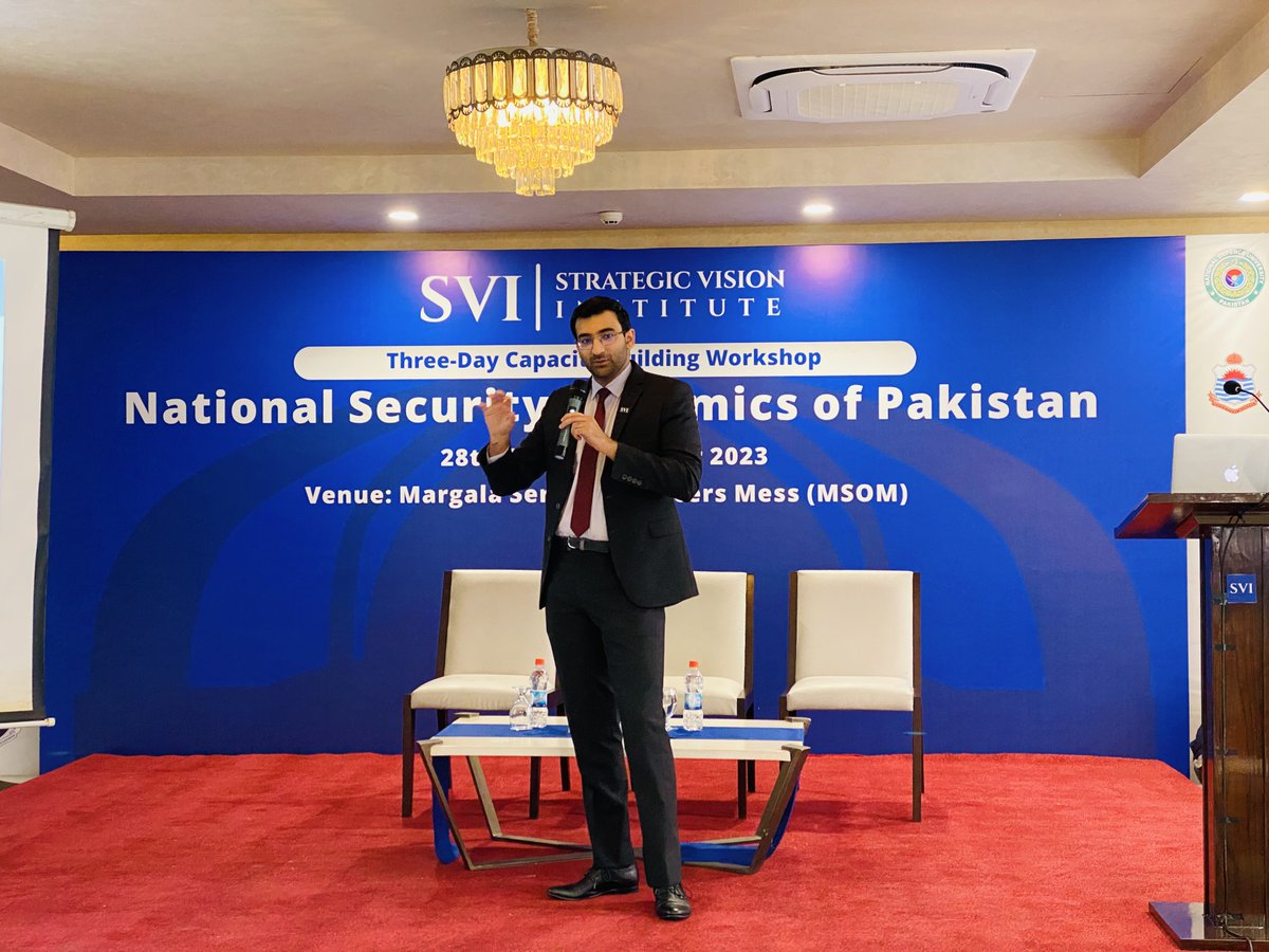 SVI_Pakistan's tweet photo. 🔹Day III of #SVIWorkshop2023 featured a vital session on 'Non-Nuclear Strategic / Disruptive Technologies and Pakistan's Response' by Mr. @shayanjamy, Research Officer SVI

🔸The session was followed by Closing Remarks by @Dr_NaeemSalik and another round of Q&As, moderated by Mr. @usman_ndu 

#SVI #SVIEvents #StrategicVisionInstitute