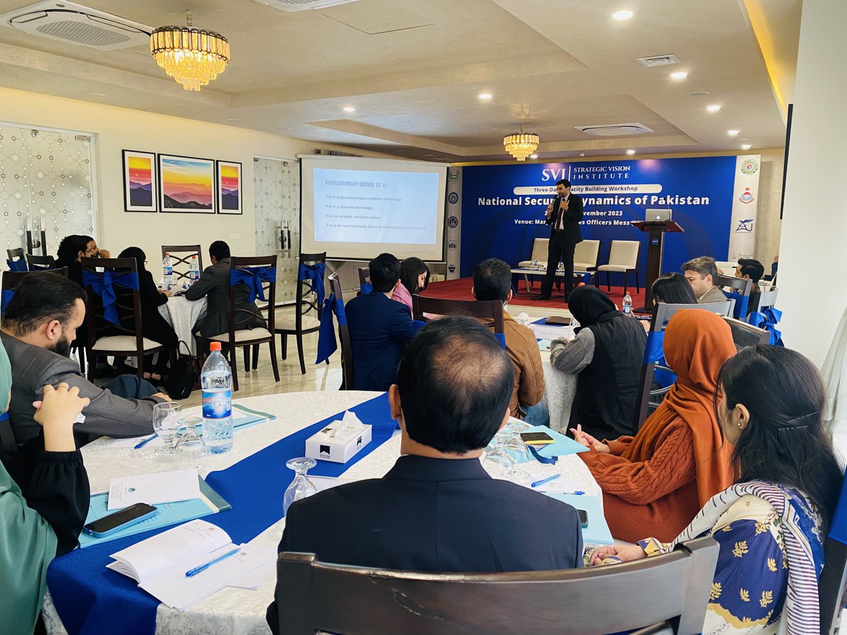 SVI_Pakistan's tweet photo. 🔹Day III of #SVIWorkshop2023 featured a vital session on 'Non-Nuclear Strategic / Disruptive Technologies and Pakistan's Response' by Mr. @shayanjamy, Research Officer SVI

🔸The session was followed by Closing Remarks by @Dr_NaeemSalik and another round of Q&As, moderated by Mr. @usman_ndu 

#SVI #SVIEvents #StrategicVisionInstitute