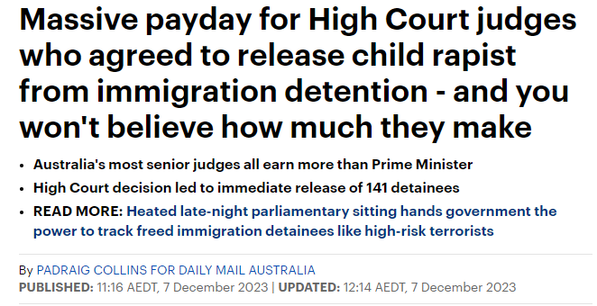 q_basia's tweet photo. 🚨🤬Our judges are all in "THE CLUB"🤬🤬🤬

Australia's seven High Court judges, who recently freed a child-rapist refugee  known only as NZYQ from immigration detention, have a combined salary of more than $4million.

#CorruptionAtTheHighestLevels

https://t.co/ZzRnfpfqVe https://t.co/wo4R5xHRv0