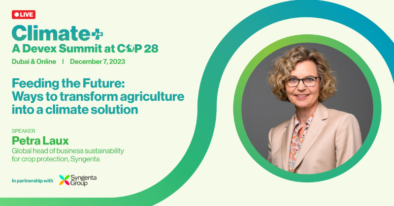 devex's tweet photo. 🔴 LIVE: Join this interview with Petra Laux, global head of business sustainability for crop protection at @SyngentaGroup.

Watch now ›› https://t.co/eVQP4t9CQ1 

#DevexEvent #ClimatePlus @ #COP28 #LivablePlanet · In partnership with  @SyngentaGroup
