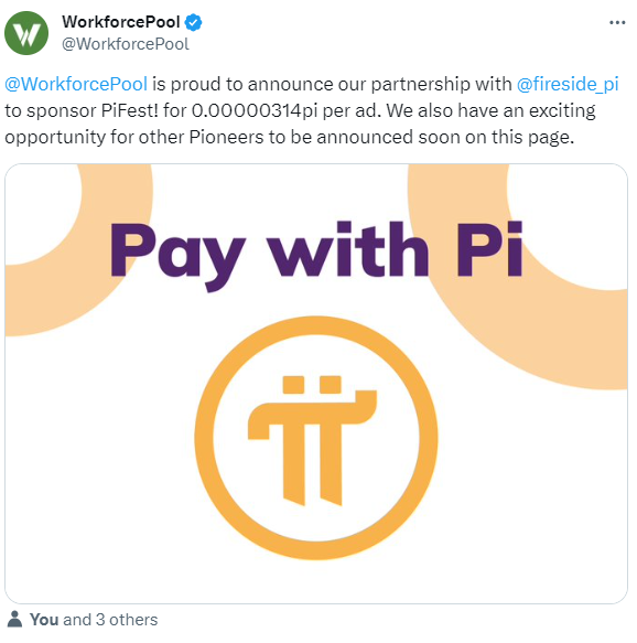fireside_pi's tweet photo. 🔥 HOT NEWS📢 @PiCoreTeam Cooperating to promote the development of the Pi ecosystem at the PiFest event "0.00000314pi/ads"
@WorkforcePool 🤝 @fireside_pi #PiFest
- We have officially cooperated to accompany the PiFest Ads consensus event by Pi to promote the development of the Pi ecosystem. Dapp WorkforcePool won first prize in the 2021 hackathon organized by PiCoreTeam.
- We are trying to promote the PiFest event to promote Pi and Dapp Pi to the community. Continue to spread.
#PiFest #PiNetwork #workforcePool #Fireside