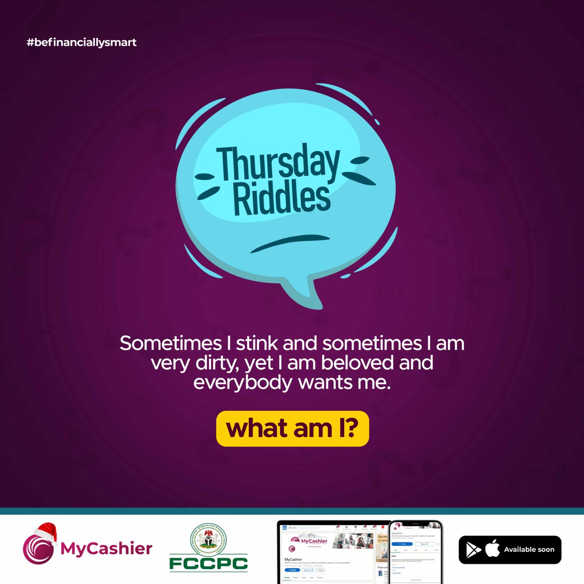 mycashierlife's tweet image. Sometimes I stink and sometimes I am very dirty, yet I am beloved and everybody wants me. What am I?  

Drop your answers in the comments and stand a chance to win N500 airtime.  

#mycashierlife
#ThursdayRiddles 
#befinanciallysmart