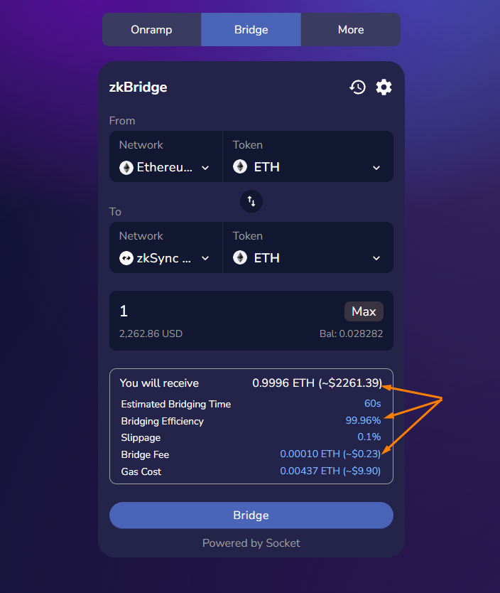 zkSwap_finance's tweet photo. Some small tweaks have been added to zkBridge to bring you a better UX:
🔵 Estimated USD value of the Received Amount, the Bridge Fee, and the Gas Cost,
🔵 The Bridging Efficiency Indicator (Received_Amount/Send_Amount)
#zkBridge #zkSwap #zkFlow https://t.co/mkbJWnn25z