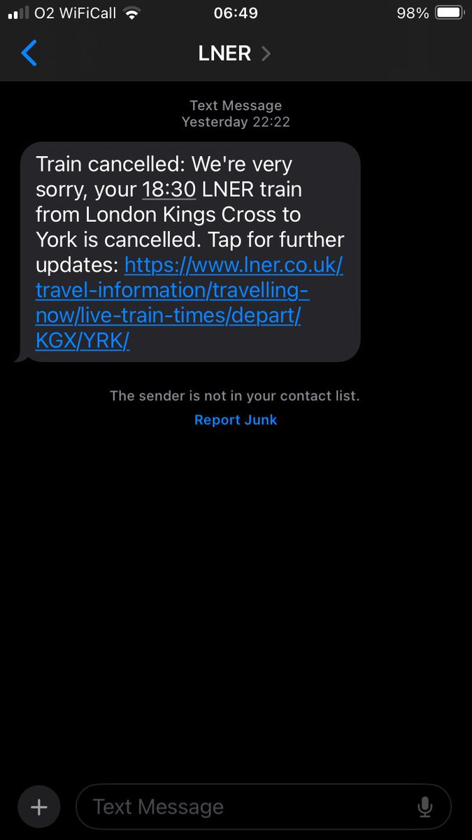 Hi <a href="/LNER/">London North Eastern Railway</a>

I received this text late last night that my train today 18.30 KX to York has been cancelled. However this morning on journey planner it is still showing as running and you can still buy tickets for it. 

Please can you confirm if the text was legitimate? Thanks, Anna