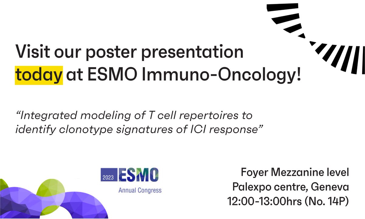 OmniscopeAI's tweet photo. Presenting our use of integrated modeling to identify clonotypes of response today at #ESMOImmuno2023.
Come over to poster 14P to speak to our team!
#ScienceIsWeAll #NoTCellLeftBehind @hoheyn @VOmniscope https://t.co/9Q16vlyT3H