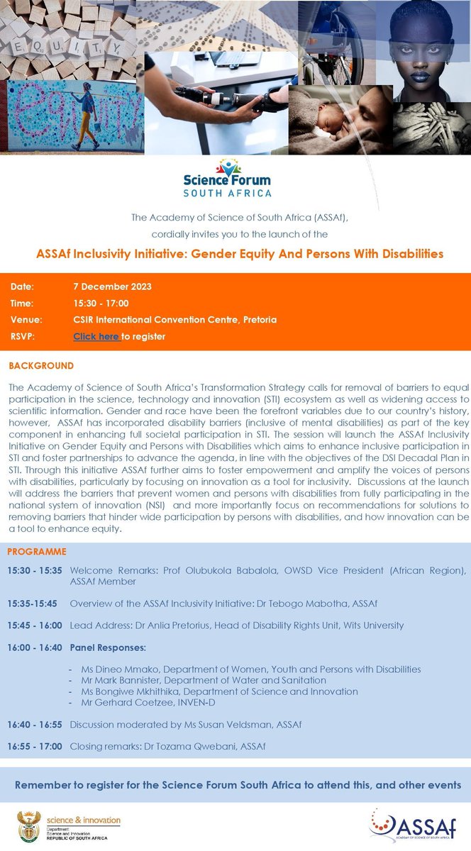 ASSAf_Official's tweet photo. ASSAf  will ignite conversation today at the Launch of the ASSAf Inclusivity Initiative on Gender Equity And Persons With Disabilities at #SFSA2023, 

7 December, 15:30 at Tito Koyo, NRF Building, Pretoria.
#SFSA2023 #ASSAf_Inclusivity @dsigovza @CSIRICC https://t.co/FeuAmdwkjV