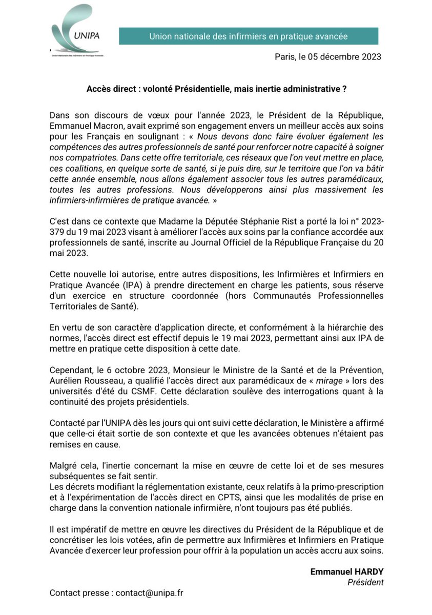 📣 Communiqué de presse du <a href="/Syndicat_UNIPA/">Syndicat UNIPA</a> 

Accès direct : volonté Présidentielle, mais inertie administrative?

#IPA #IEPA #IPActions 

Votre engagement, notre futur