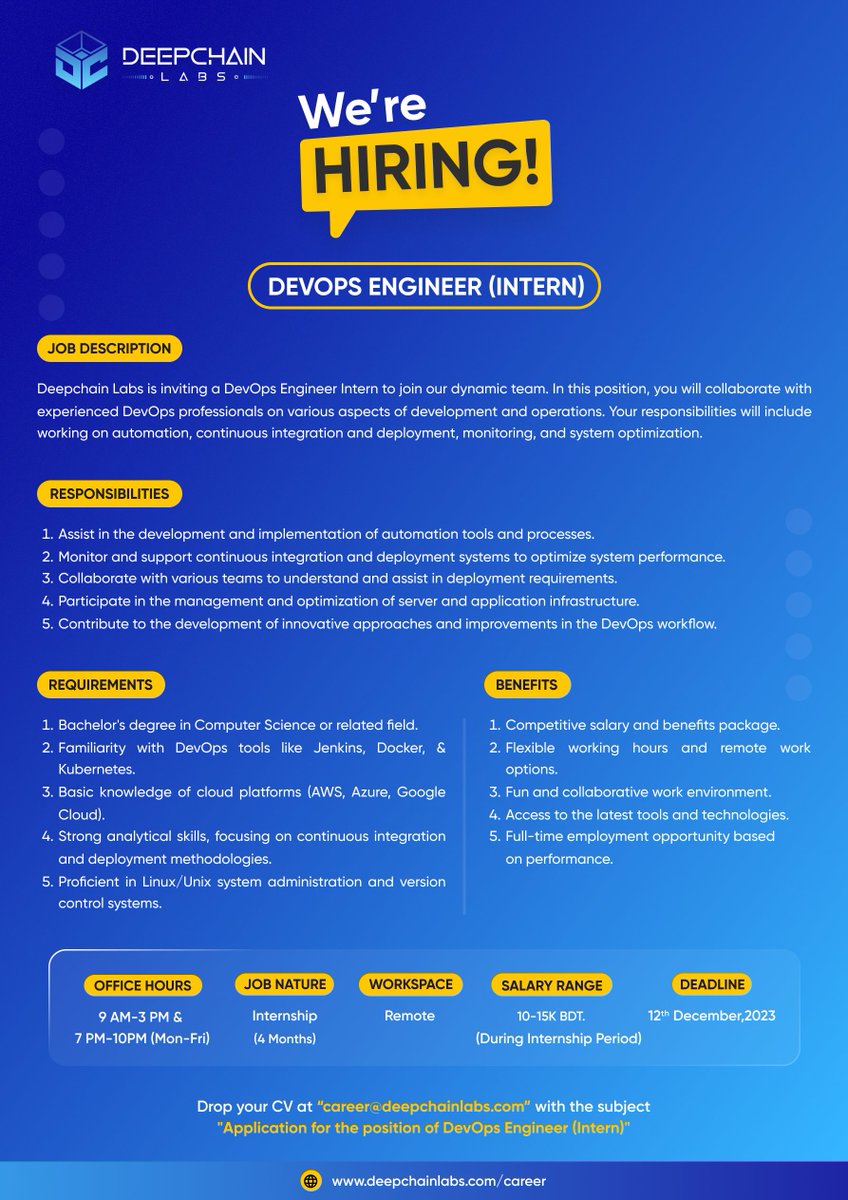 𝐃𝐞𝐞𝐩𝐜𝐡𝐚𝐢𝐧 𝐋𝐚𝐛𝐬 𝐢𝐬 𝐡𝐢𝐫𝐢𝐧𝐠!

We're excited to announce that Deepchain Labs is looking for passionate and talented interns to join our expanding team. Dive into the world of cutting-edge technology and be a part of our dynamic and innovative environment.