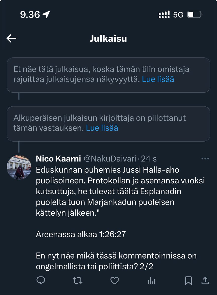 NakuDaivari's tweet photo. Ensimmäistä kertaa jouduin poliittisen(?) sensuroinnin piiriin tällä alustalla 😱

Ei pitäisi mennä öyhöttämään näiden rakkikoirien ketjuihin.

Kärki märkänä jakavat omaa valheellista agendaansa.

#linnanjuhlat https://t.co/he3PsAoYds