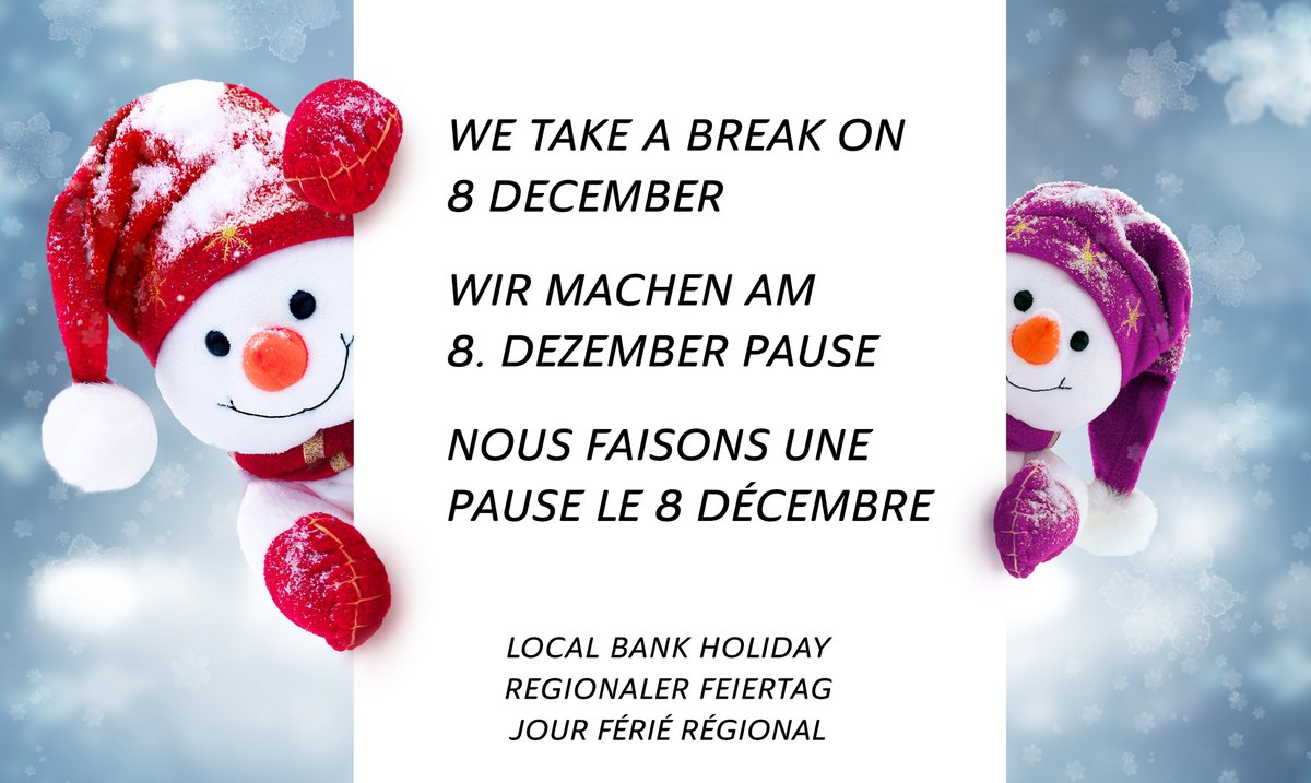 multigraf_swiss's tweet photo. Our office will be closed on 8 December. We will be back on 11 December 2023. We wish a happy holiday.

#bankholiday #immaculateconception #feiertag #freiamt https://t.co/TC8UGk7pLd