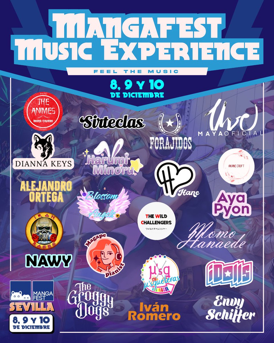 🎶 No te pierdas Mangafest Music Experience en #Mangafest23 #Sevilla 🎶

En los diferentes escenarios del evento podrás disfrutar de increíbles actuaciones musicales de:
🎵 The Animes el sábado 9
🎵 Hariumi Minoru el domingo 10
🎵 <a href="/UveMaya/">Uve Maya #Sobrenatural 2.0 🧛‍♂️</a> el viernes 8
🎵 Dianna Keys el viernes 8