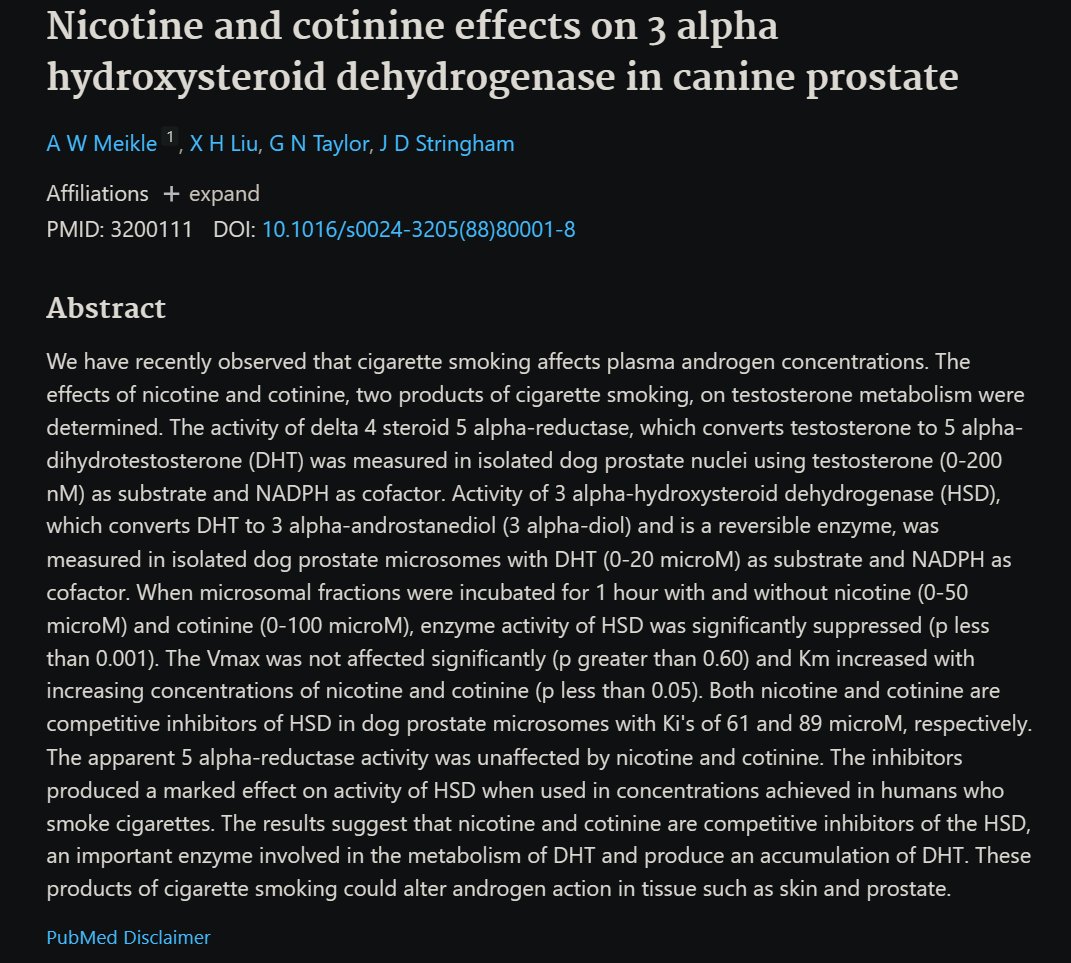 Nicotine as a DHT booster?

Dihydrotestosterone (DHT) is the big brother of testosterone; it has a stronger binding affinity, longer binding, and a more profound effect on the male organism. 

It is eventually metabolized down into a weaker sex hormone known as 3…