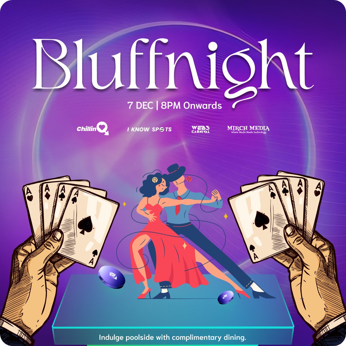 Book your slots at  lu.ma/bluffw3c :)

Join Bluffnight: where cards, beats, and laughter merge!

Dive into games, music, and community bonds for an unforgettable evening.

Network, chat, and enjoy diverse connections while indulging in delicious treats!
#Bangalore