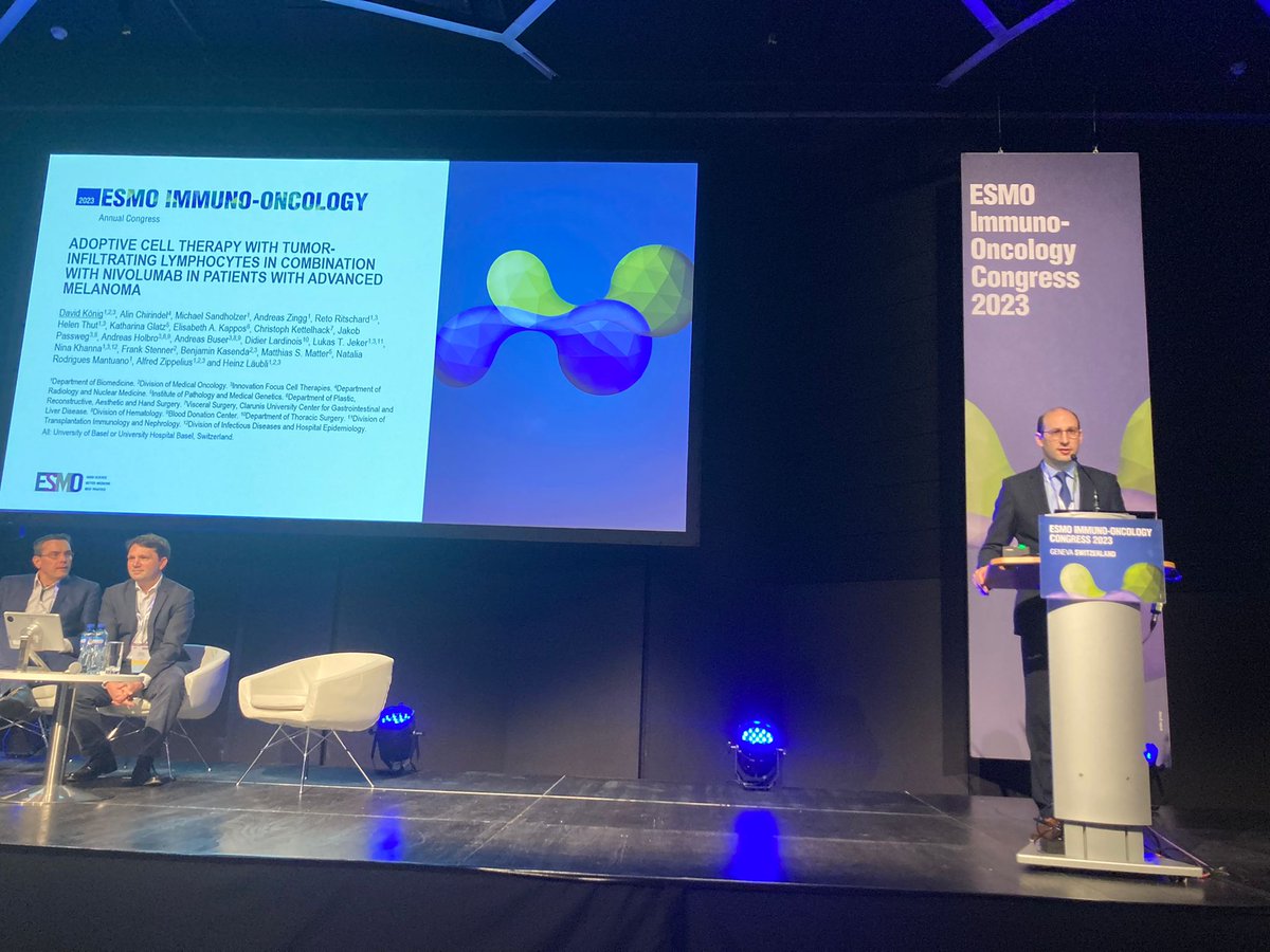 David König presenting data from our BaseTIL trial combining tumor-infiltrating lymphocyte therapy with nivolumab at the #ESMOImmuno23