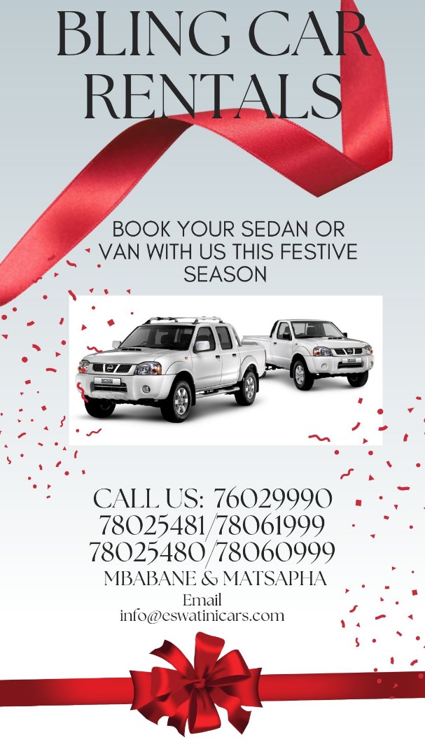Book your sedan or van this festive season with Eswatini Cars. Kindly see poster for more information
#Eswatinicars #carrental #TiniTwitter