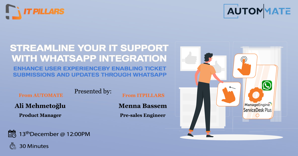itpillars's tweet photo. Join us on Wednesday, December 13th  to get the most understanding of ManageEngine ServiceDesk Plus integration with WhatsApp. 

Register here,
https://t.co/WqYR6m2lj3 

#WhatsApp
#AutomMate
#ManageEngine https://t.co/6d8jgE3BEn