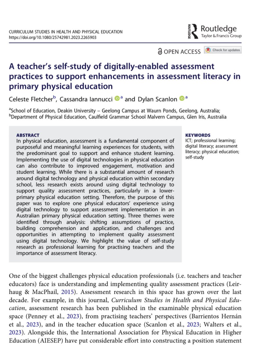 🚨New pub lead by an amazing teacher Celeste Fletcher and as amazing @cassamariab : Through self study, Celeste explored her digitally-enabled assessment practices in primary PE and we learned a lot on the journey 👏🏼 Read Open Access 🔓: tandfonline.com/doi/full/10.10…