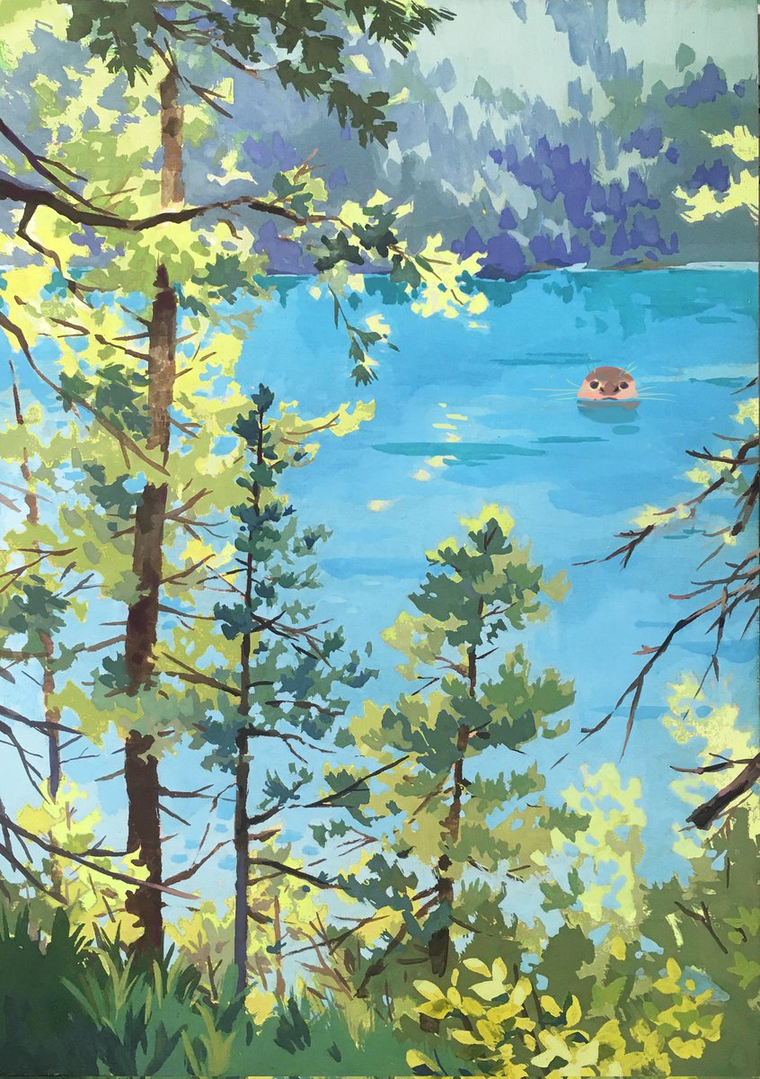 The Lake, gouache on wood. #gouache #nopleinnogain #otter #ArtistOnTwitter