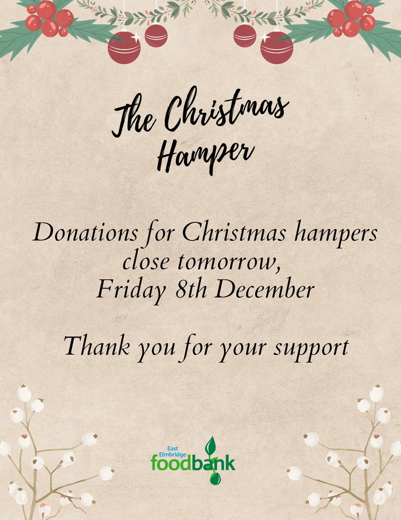 Any remaining donations for Christmas hampers must be with us by tomorrow, Friday 8th December. This gives us time to pack the hampers and for them to collected by food bank guests. Thank you for your support 💚 🌲