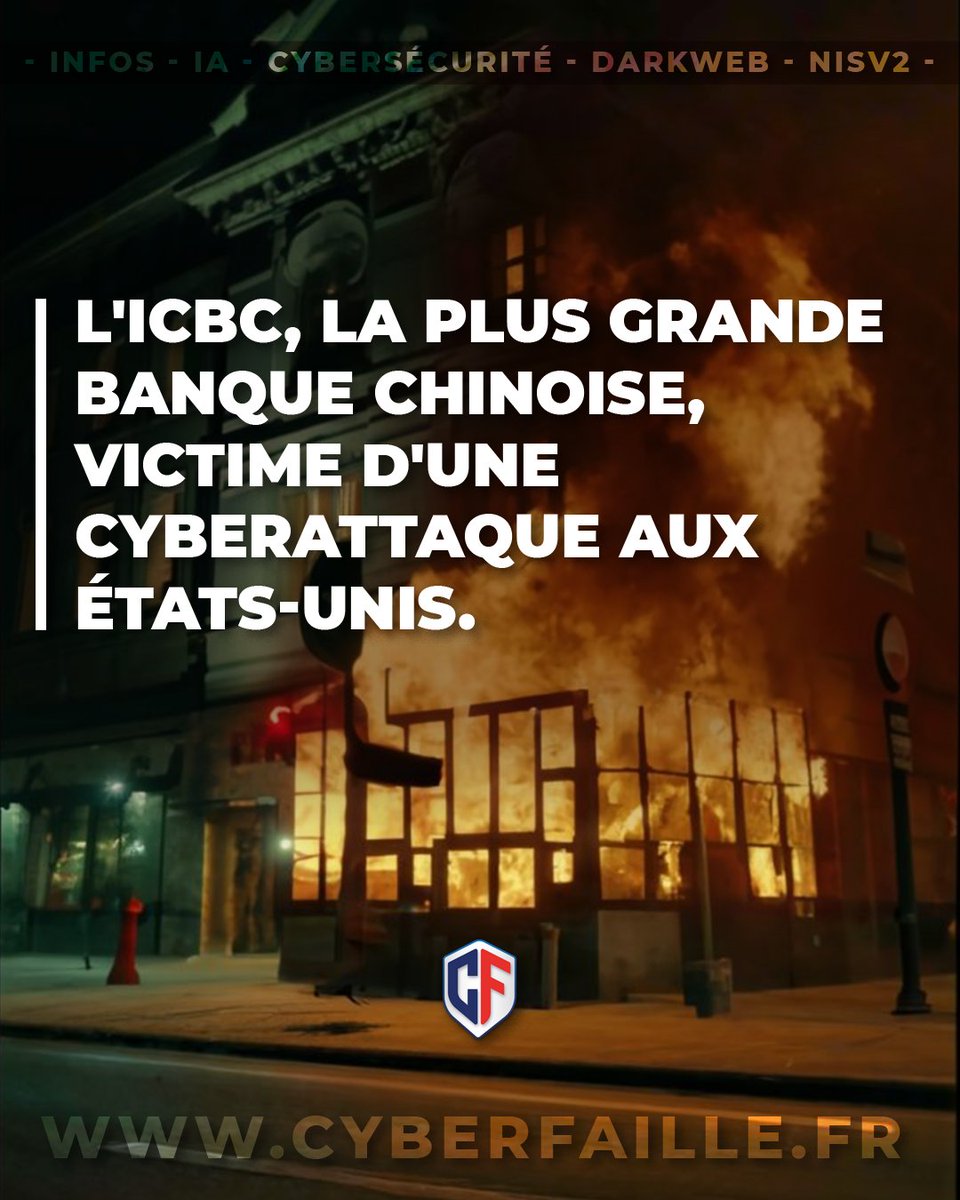 CyberFaille's tweet photo. 🚨 CyberAlerte: 
La plus grande banque chinoise, l'ICBC, ciblé par une attaque au rançongiciel aux États-Unis. Le marché du Trésor US perturbé. Les hackers #LockBit sont en cause avec plus de 1400 attaques et 100M$ extorqués.
#Cyberattaque #cybernews #Cyberfaille https://t.co/vdzDyBwqdP