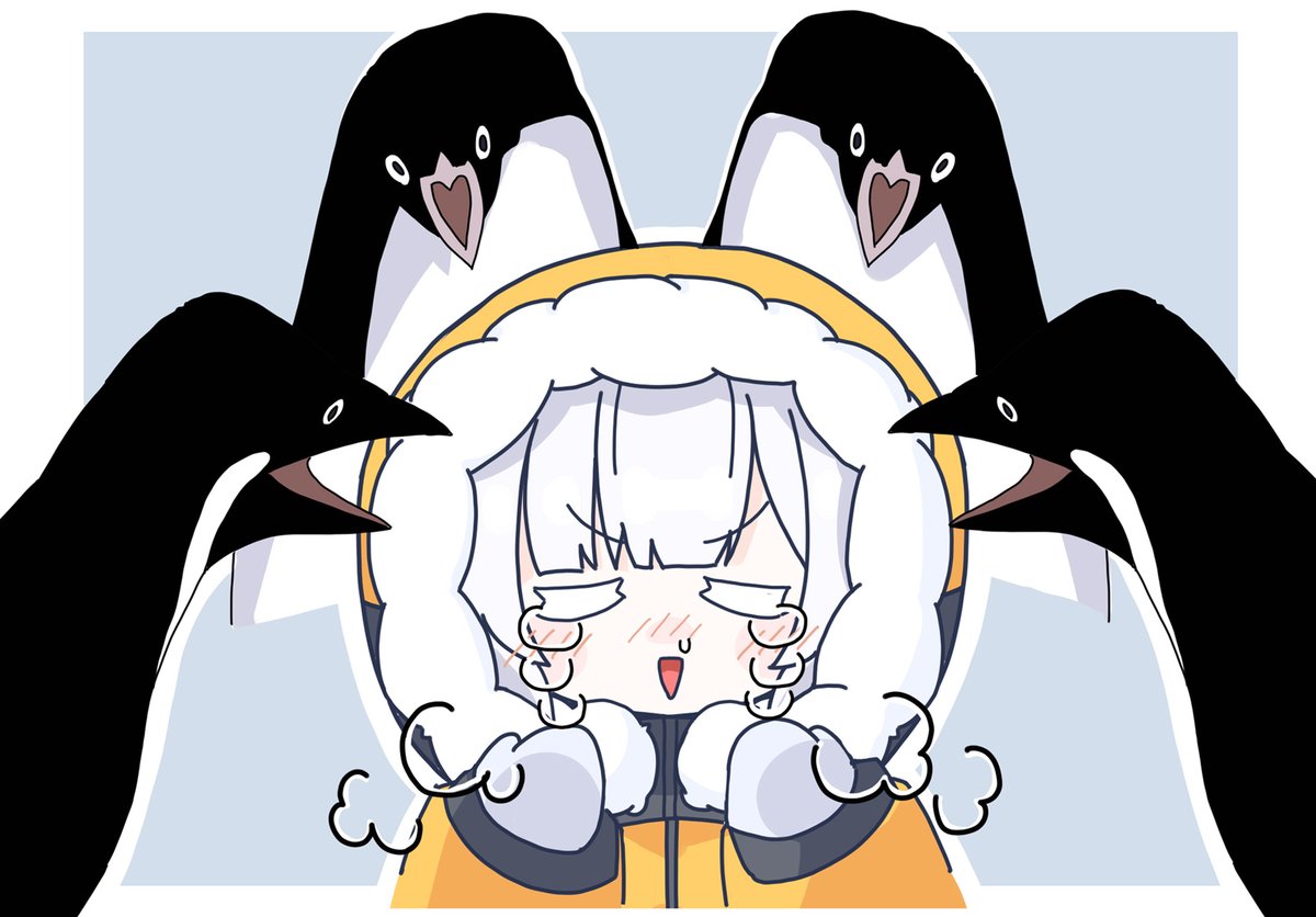 1girl animal hood bird penguin white hair blush tears  illustration images