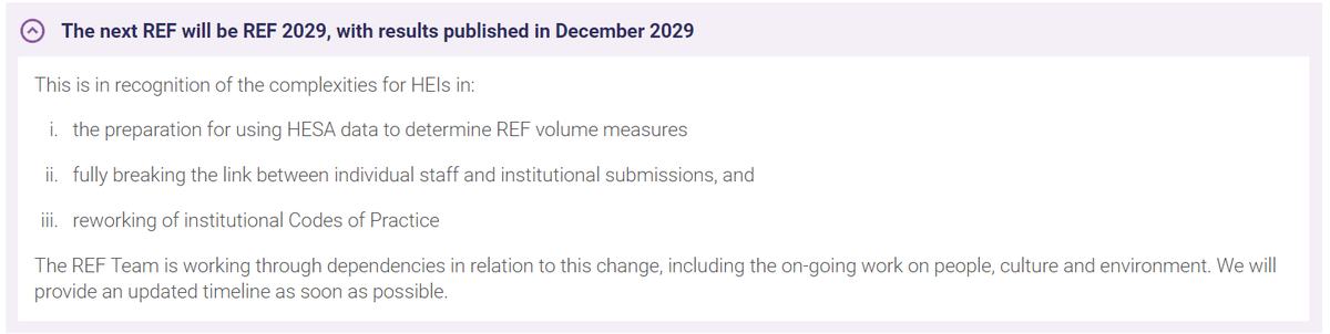 Following the REF initial decisions consultation, we're announcing some updates - most importantly that the next REF will be REF 2029. This is in recognition of the complexities for HEIs in preparing for the exercise.