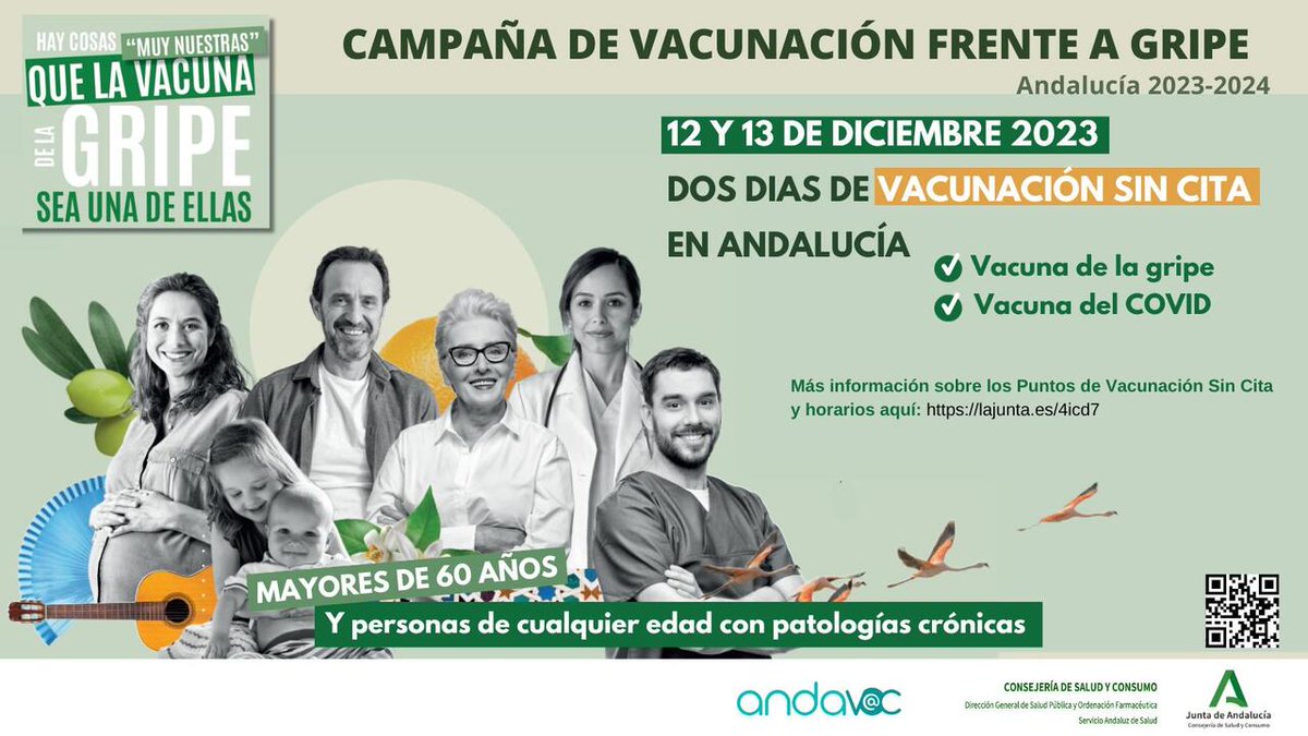 📢 ¡Protégete frente a la #gripe!

📆 Los días 12 y 13 de diciembre #vacunación SIN CITA en #Andalucía.

Mayores de 60 años
Niños de 6 a 59 meses
Embarazadas
Enfermos crónicos
Personal sanitario y sociosanitario

➡Puntos de vacunación: opgob.es/mr79o

#AndalucíaSeVacuna