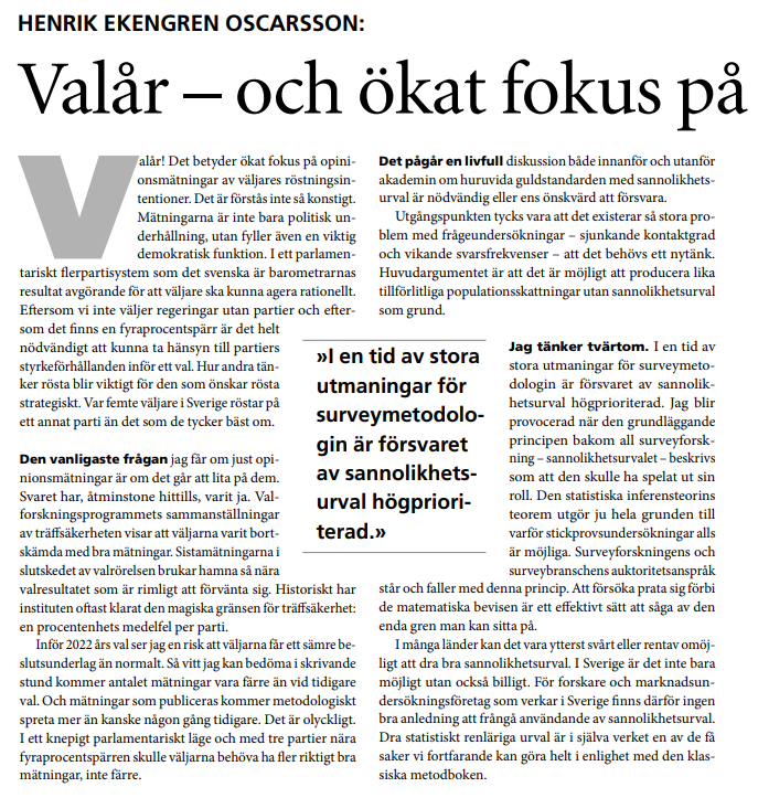 HenrikOscarsson's tweet photo. Apropå diskussionen om opinionsmätningar delar jag gärna den här texten som jag skrev inför valet 2022. #transparens #sannolikhetsurval #svarsfrekvenser https://t.co/PlQ2Qr0OyM