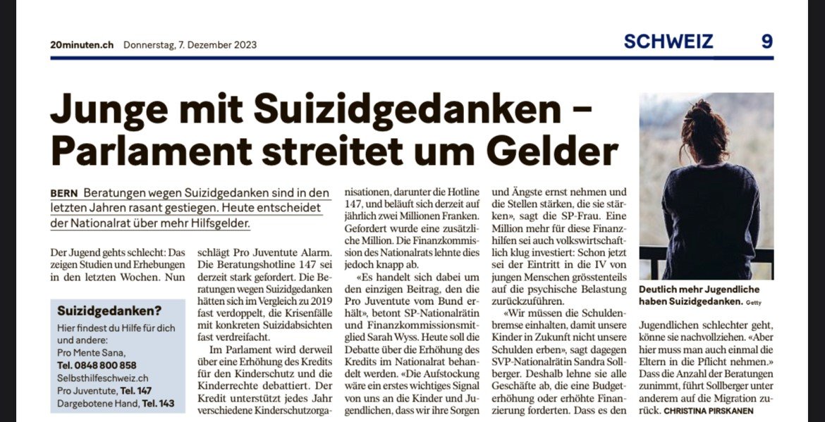 Kinder und Jugendliche sind psychisch stark belastet. Heute kann der Nationalrat einen wichtigen Schritt machen und den Kredit Kinderrechte/Kinderschutz erhöhen. Es geht um 1 Million Franken mehr. Die Nichtbehandlung psy. Belastungen kostet mehr. <a href="/Sarah_Wyss/">Sarah Wyss</a> #budgetdebatte