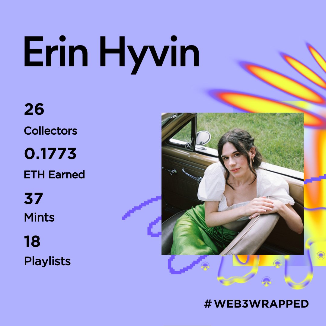 erinhyvin's tweet photo. This is my 2023 #Web3Wrapped. Only 5 months into the space, and I'm so grateful for everyone that I've met and for those who have supported me so far. Thank you to @supercollector_ and @soundxyz_ for creating a place for artists to showcase their work and build community. https://t.co/mNF7C5nd7x