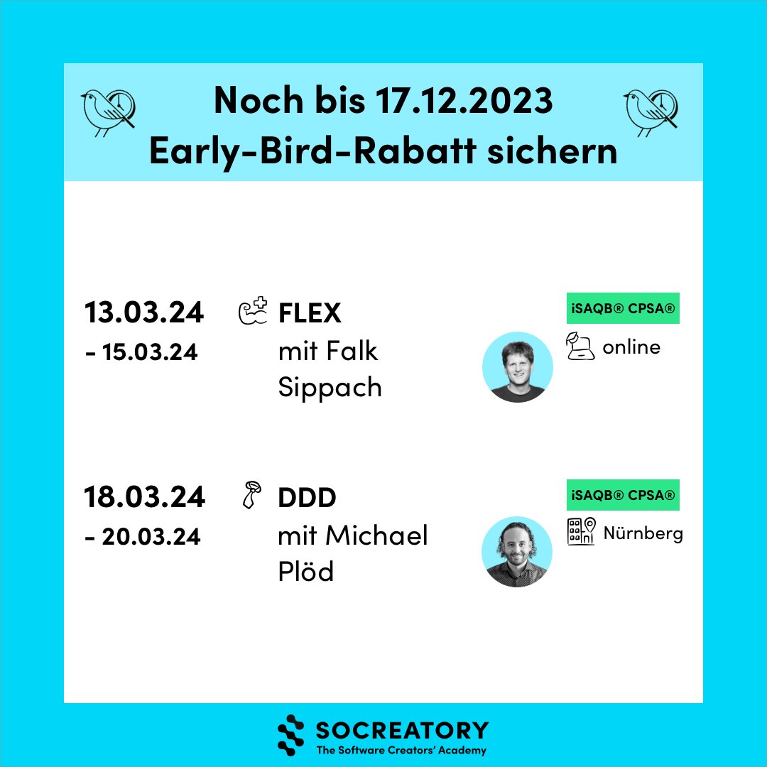 socreatory (@socreatory) on Twitter photo 🐣 Noch bis Sonntag, den 17.12.2023, gibt es auf die fünf in den Bildern genannten Trainings mit Dimitrij Drus, <a href="/MartinOtten/">Martin Otten</a>, @kaesfiehs, <a href="/sippsack/">Falk @sippsack@bsky.social @sippsack@ijug.social</a> und @bitboss unseren Early-Bird-Rabatt!
socreatory.com/de/trainings?r…
Wir freuen uns auf euch!
#softwarearchitektur #weiterbildung 🐣 Noch bis Sonntag, den 17.12.2023, gibt es auf die fünf in den Bildern genannten Trainings mit Dimitrij Drus, <a href="/MartinOtten/">Martin Otten</a>, @kaesfiehs, <a href="/sippsack/">Falk @sippsack@bsky.social @sippsack@ijug.social</a> und @bitboss unseren Early-Bird-Rabatt!
socreatory.com/de/trainings?r…
Wir freuen uns auf euch!
#softwarearchitektur #weiterbildung