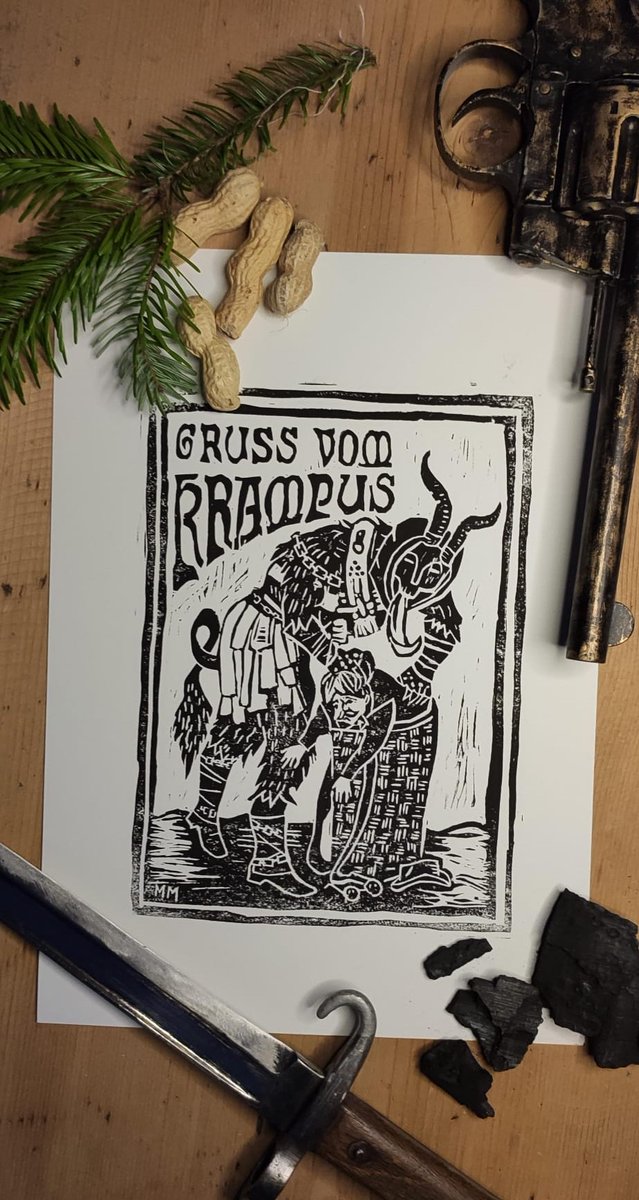 "Gruss vom Krampus" (Greetings from Kranpus). Altered from an original one from around 1900, handmade Linoleum print

As I come from that area where Krampus, Tuifl and Perchtn are a tradition, I made this print as a present  for my loyal teammates.

#huntshowdown <a href="/HuntShowdown/">Hunt: Showdown</a>