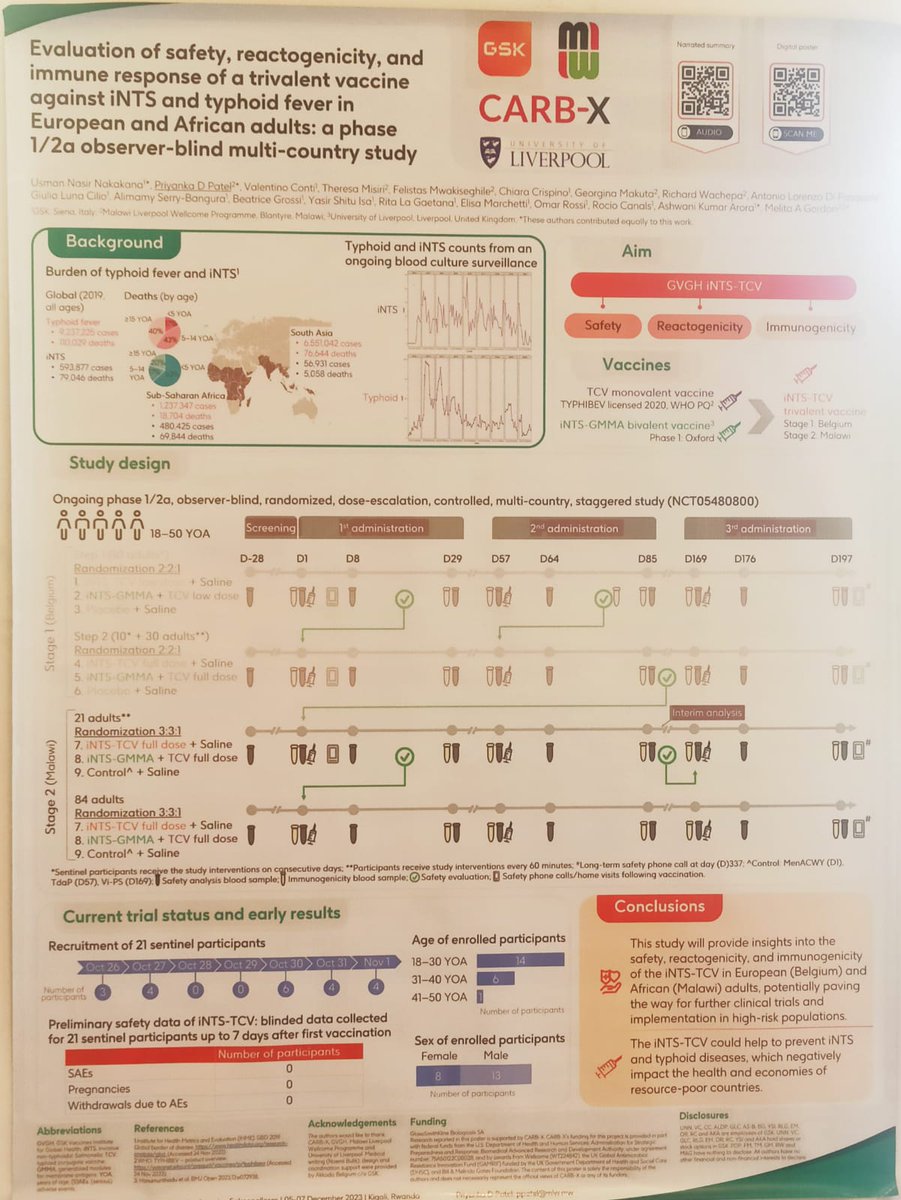 Day 3 of #Typhoid2023! Impressive poster presentation by GSK on Bivalent TCV and non-typhoid salmonelloses. Working together we can end this!.  #TakeOnTyphoid
Development of a bivalent glycoconjugate vaccine against Salmonella Typhi and Paratyphi A
@sabinvaccine @PreventTyphoid